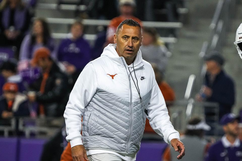 Texas Longhorns head coach Steve Sarkisian walks the field ahead of the game against Texas Christian University at Amon G. Carter Stadium on Saturday, Nov. 11, 2023 in Fort Worth, Texas.