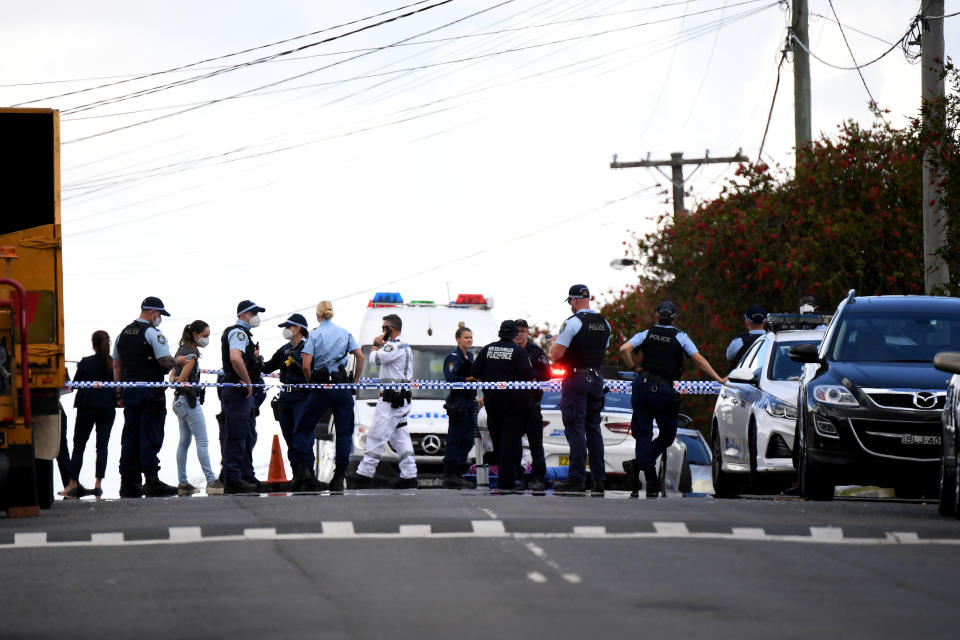 Police work at the scene of a fatal shooting in Guildford, Sydney, Wednesday. Source: AAP Image/Dan Himbrechts