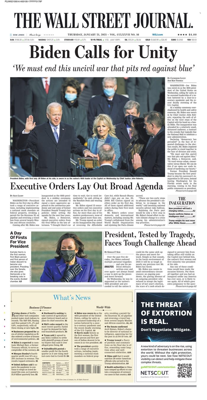 January 21, 2021 front page of The Wall Street Journal