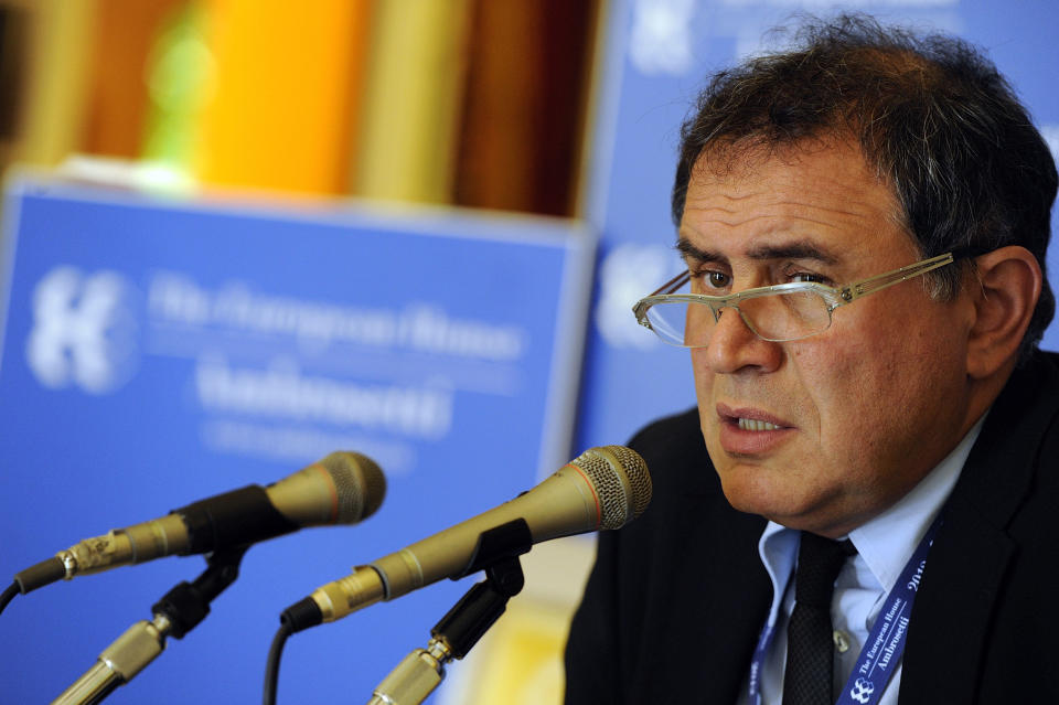 American economist Nouriel Roubini speaks during a meeting on World Economy in Cernobbio, Italy, Friday, Sept. 7, 2012. Experts and leaders gathered in Italy to discuss the prolonged crisis in a structurally flawed Europe, political dysfunction pushing America off a 'fiscal cliff' and the emerging economies slowdown drying up the last engine of global growth. (AP Photo/Giuseppe Aresu)