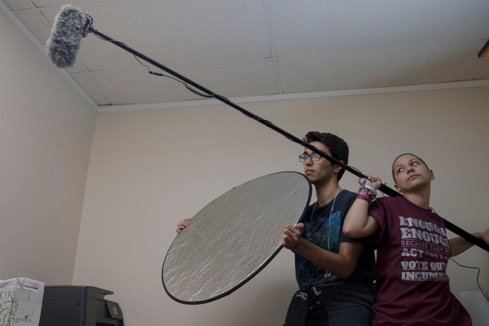 Diego Pfeiffer and Emma González record a video with their colleagues in response to the NRA's hourglass video.