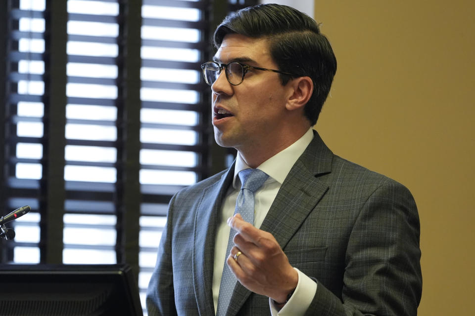 Rocky King, attorney for the The for Covenant Presbyterian Church, presents arguments against the release of documents and the journals of the Covenant School shooter during a Chancery Court hearing Tuesday, April 16, 2024, in Nashville, Tenn. (AP Photo/George Walker IV)