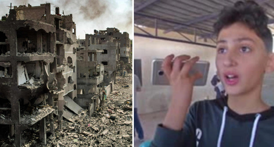  Yazan Hellis is trapped in Gaza (right) with much of the city in ruins after constant bombardment (left). 