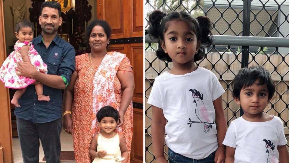  Biloela's Tamil family facing deportation back to Sri Lanka. Pictured are Priya, husband Nadesalingam and Australian-born children Kopika, 4, and Tharunicaa, 2, on the left. The two girls are pictured on the right.