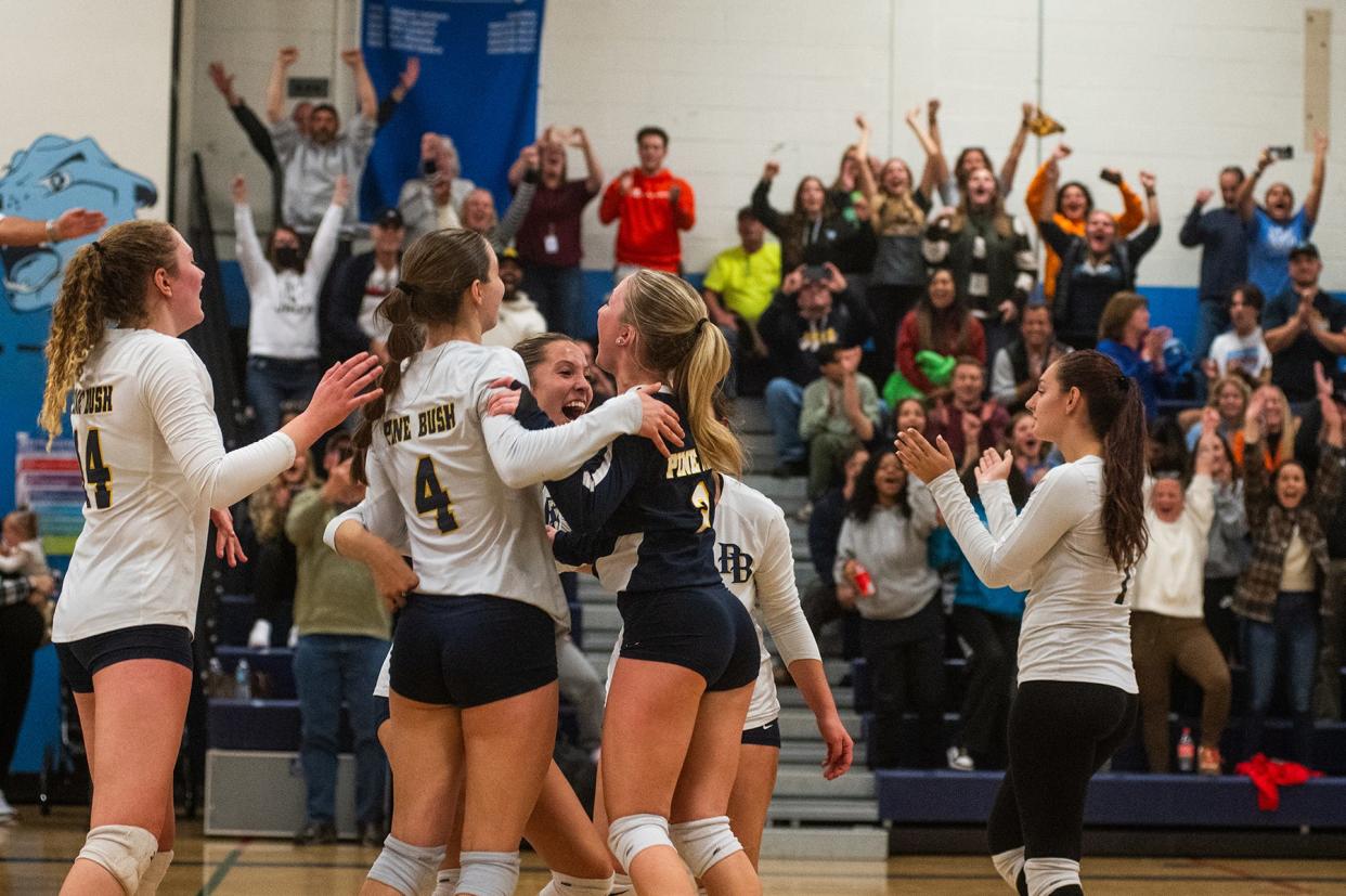 Pine Bush celebrates their win during the girls Class AAA semifinal volleyball game at Wallkill High School in Wallkill, NY on Wednesday, November 8, 2023. Pine Bush defeated North Rockland. KELLY MARSH/FOR THE TIMES HERALD-RECORD