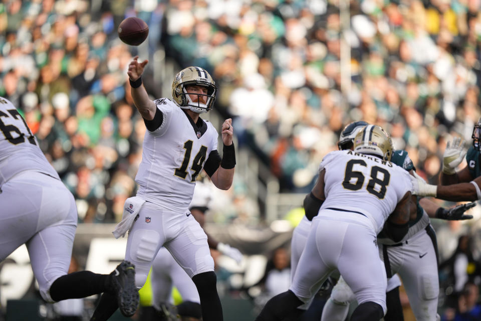 New Orleans Saints quarterback Andy Dalton (14) passes in the second half of an NFL football game against the Philadelphia Eagles in Philadelphia, Sunday, Jan. 1, 2023. (AP Photo/Matt Slocum)