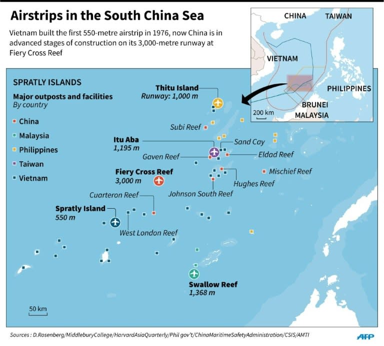 Map showing airstrips built on disputed islands in the South China Sea