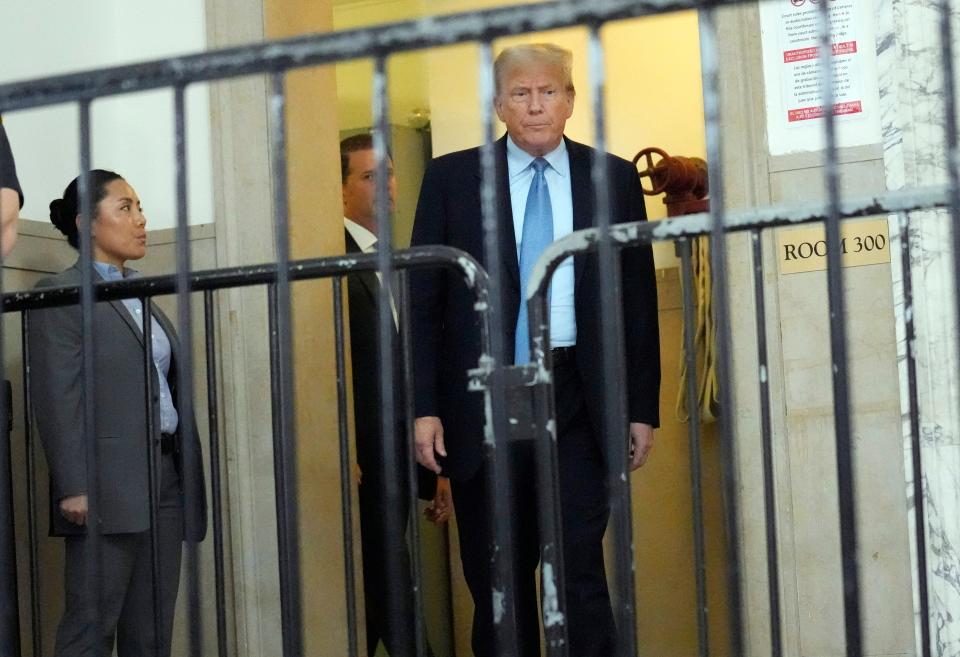Former President Donald Trump returns to the courtroom after the lunch break of his civil business fraud trial, Wednesday, Oct. 18, 2023, at New York Supreme Court in New York.