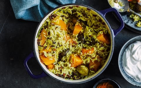 Pumpkin and chestnut plov with yogurt and spiced butter - Credit: Haarala Hamilton