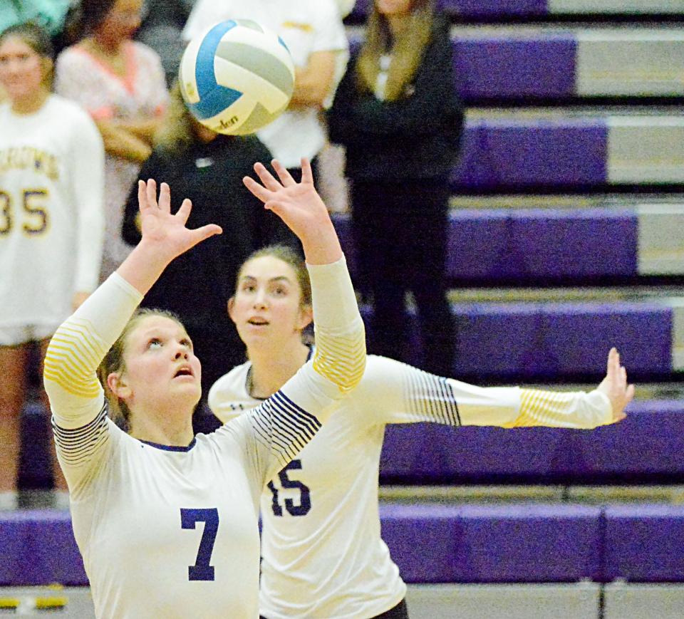 Watertown's Grace Corey sets the ball as teammate Hannah Herzog looks on during an Eastern South Dakota Conference volleyball match against Aberdeen Central on Tuesday, Oct. 25, 2022 in the Watertown Civic Arena. Aberdeen Central won 3-1.