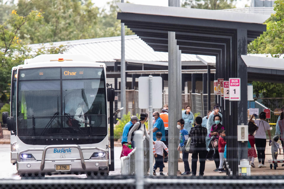 Australian evacuees from the Chinese city Wuhan arrive at the Inpex Plant Manigurr-ma Village in Darwin.