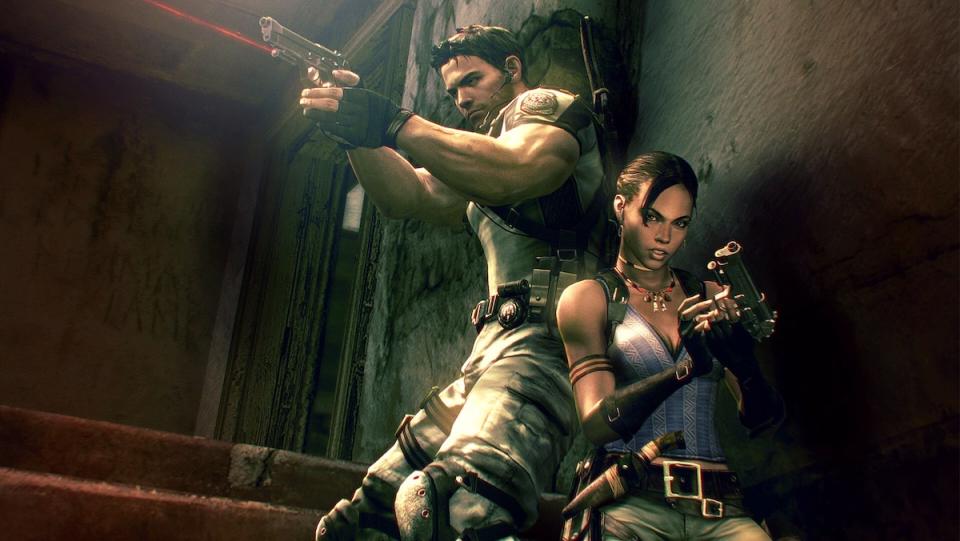 Resident Evil's Sheva and Chris wield guns.