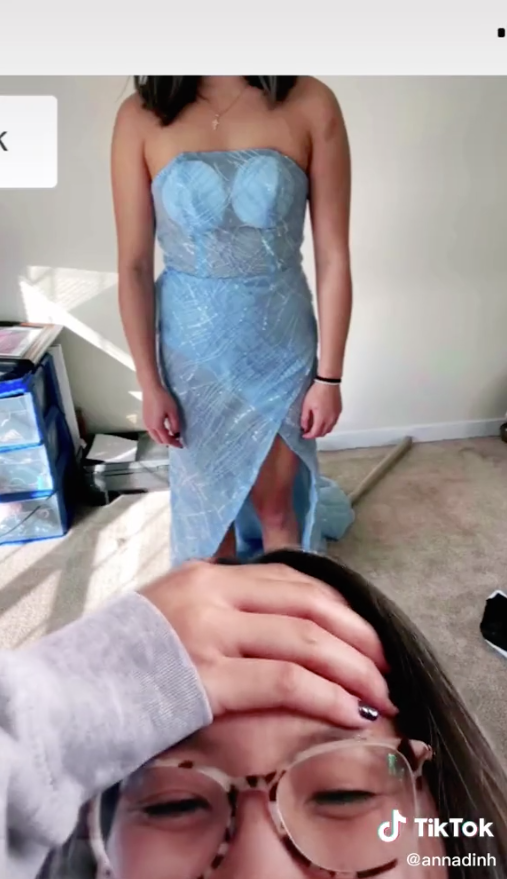 A TikTok user has shared their bridesmaid's dress fail after ordering a Nadia Bartel-inspired gown. Photo: TikTok/annadinh.