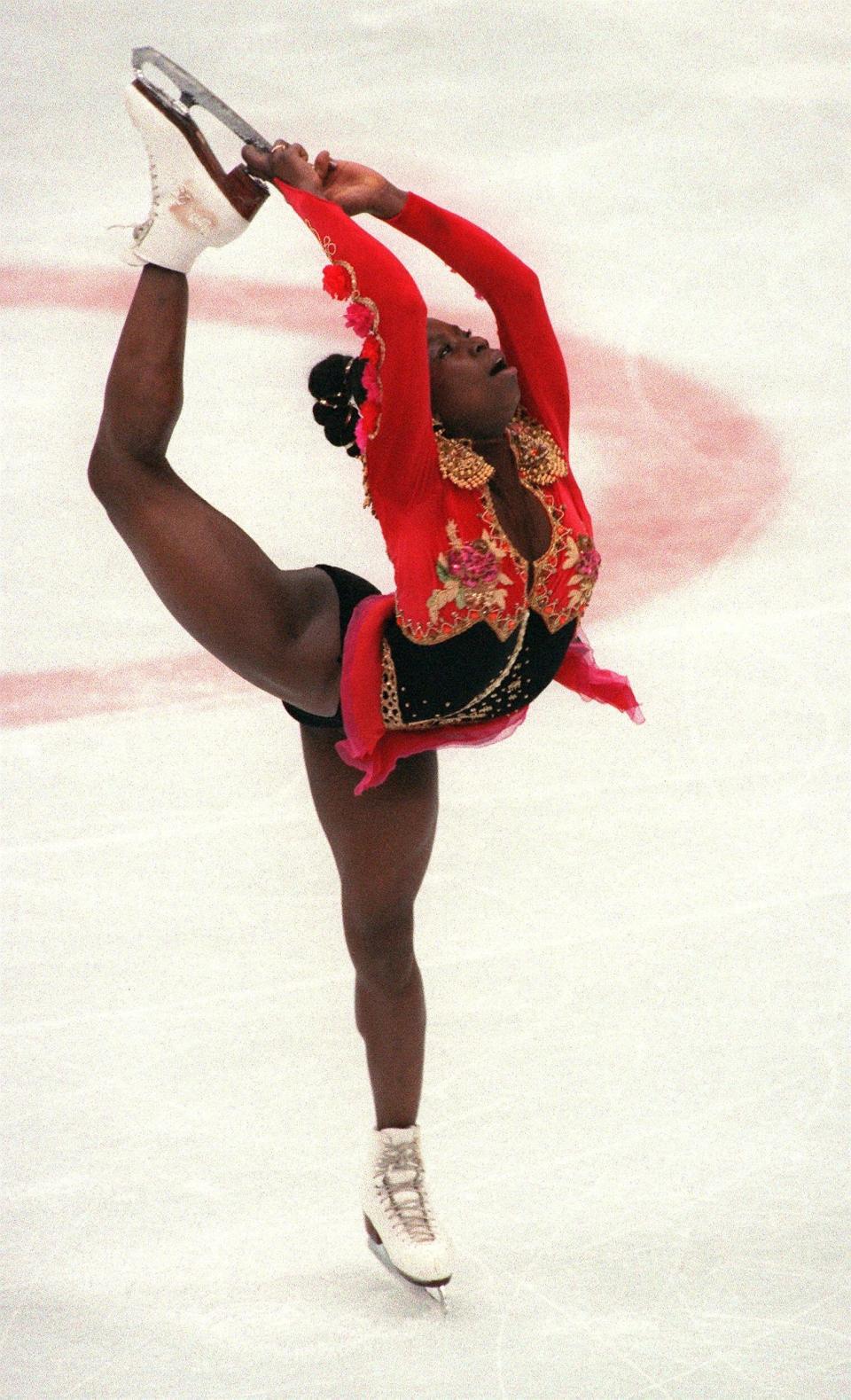 The French skater performing&nbsp;her free program during the Winter Olympics Feb. 21, 1992, in Albertville. Bonaly finished in fifth place.