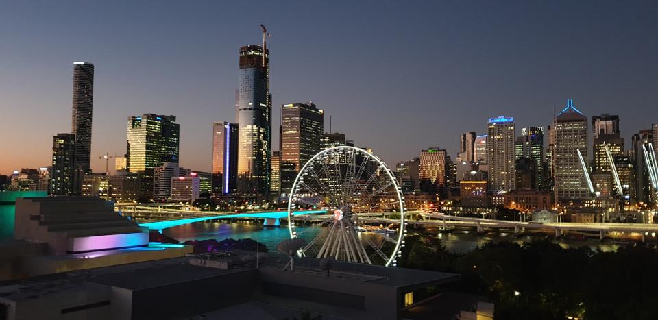 <p>The bright lights of Brisbane seen from the hotel balcony</p> (Chloe Cann)