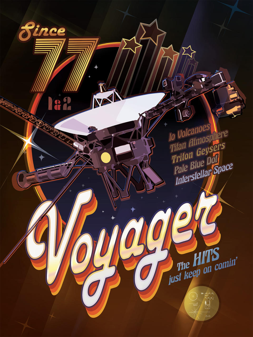 A great poster shows a space probe with a large white satellite dish mounted on a metal-framed body and instruments of various lengths sticking out.  The surrounding colors are gold and orange, with a dark hombre background.