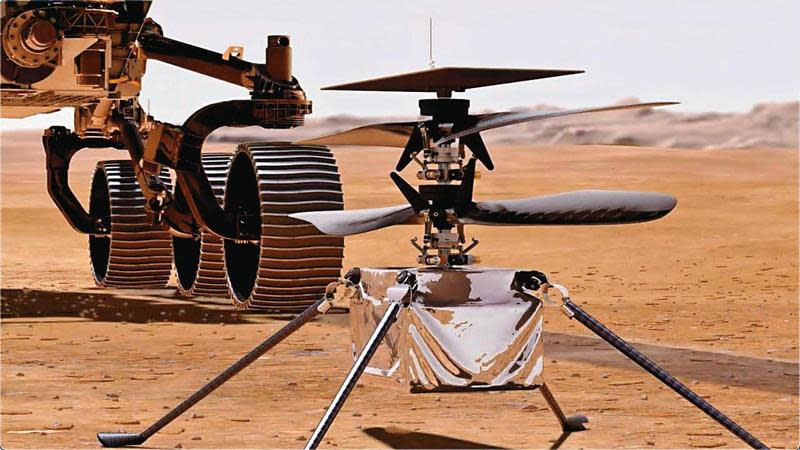 以NASA公開模型為基礎，達梭系統用數位分身技術，協助NASA打造機智號（Ingenuity）無人機，成功放飛火星。（翻攝自YouTube）