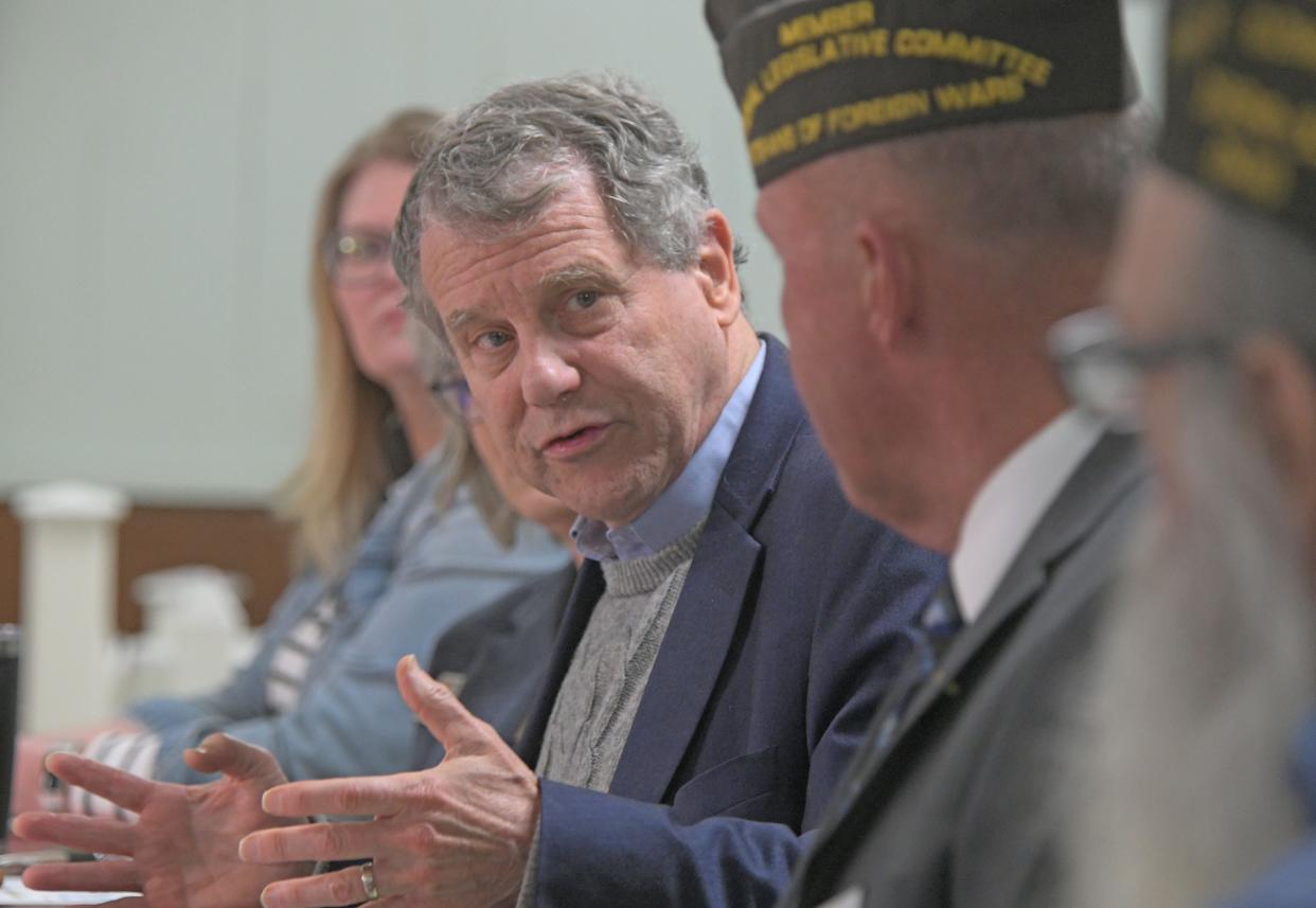 U.S. Sen. Sherrod Brown discusses issues Wednesday morning with local veterans at the VFW Post 3494 on Ashland Road.