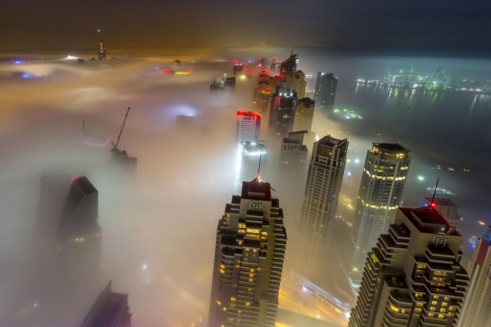 Thick fog covers Dubai skyline