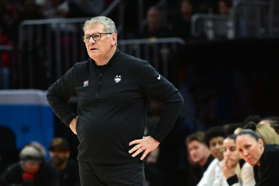 Connecticut coach Geno Auriemma reacts during a national semifinal Friday against Iowa in the women's 2024 NCAA Tournament in Cleveland.