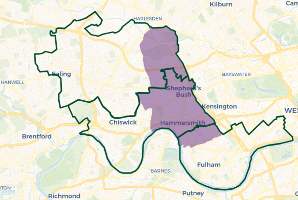 Hammersmith and Chiswick constituency map. Purple shaded area: Current constituency boundary. Green outlines new constituency boundaries (© OpenStreetMap contributors | © CARTO)