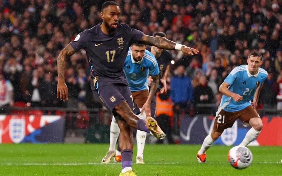 England's Ivan Toney scores their first goal from the penalty spot