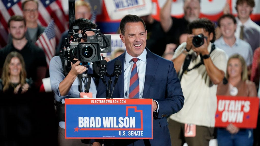 Republican Utah House Speaker Brad Wilson walks on to the stage before announcing that he is running for the U.S. Senate seat being vacated by Mitt Romney, who recently announced he won't run for re-election, during a rally Wednesday, Sept. 27, 2023, in Draper, Utah. (AP Photo/Rick Bowmer)