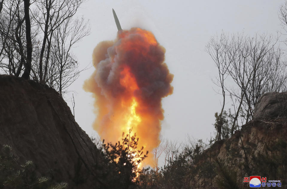 This photo provided by the North Korean government shows what it says is a ballistic missile in North Pyongan Province, North Korea, on March 19, 2023. North Korea says its ballistic missile launch over the weekend simulated a nuclear attack against South Korea. Independent journalists were not given access to cover the event depicted in this image distributed by the North Korean government. The content of this image is as provided and cannot be independently verified. Korean language watermark on image as provided by source reads: "KCNA" which is the abbreviation for Korean Central News Agency. (Korean Central News Agency/Korea News Service via AP)