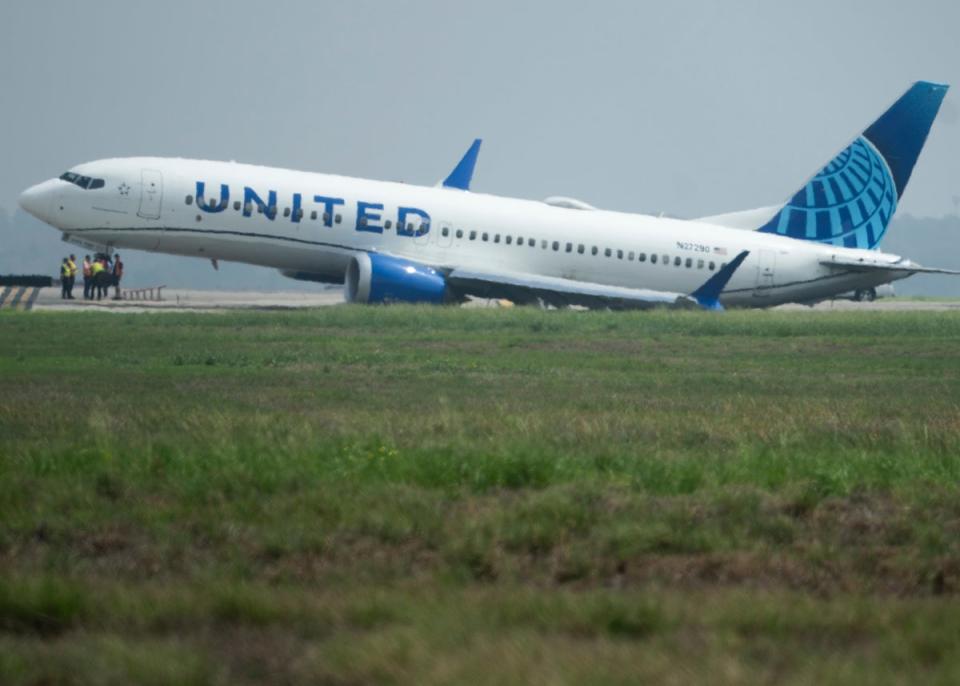 A United Airlines jet sits in a grassy area (AP)