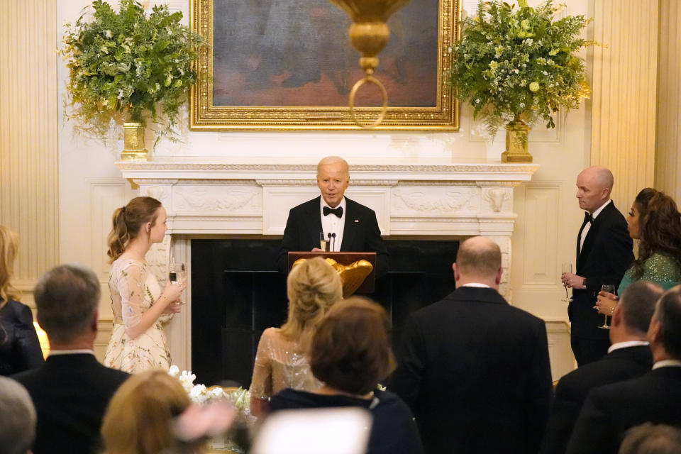 President Joe Biden speaks to members of the National Governors Association during an event in the State Dining Room of the White House in Washington, Saturday, Feb. 24, 2024. (AP Photo/Stephanie Scarbrough)