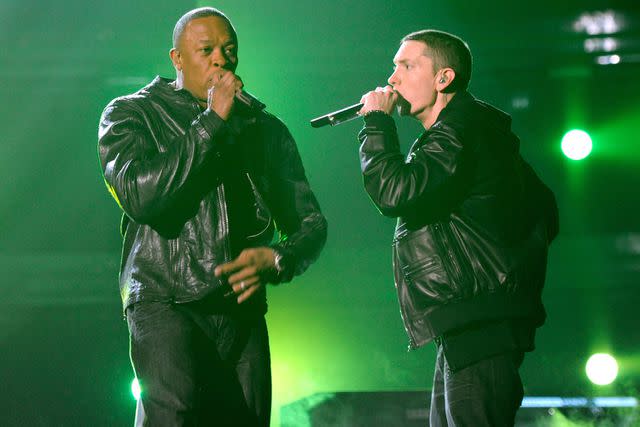 <p>Getty</p> Dr. Dre and Eminem