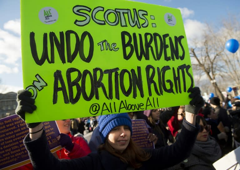 Supporters of legal access to abortion rally outside the Supreme Court in Washington, DC, March 2, 2016