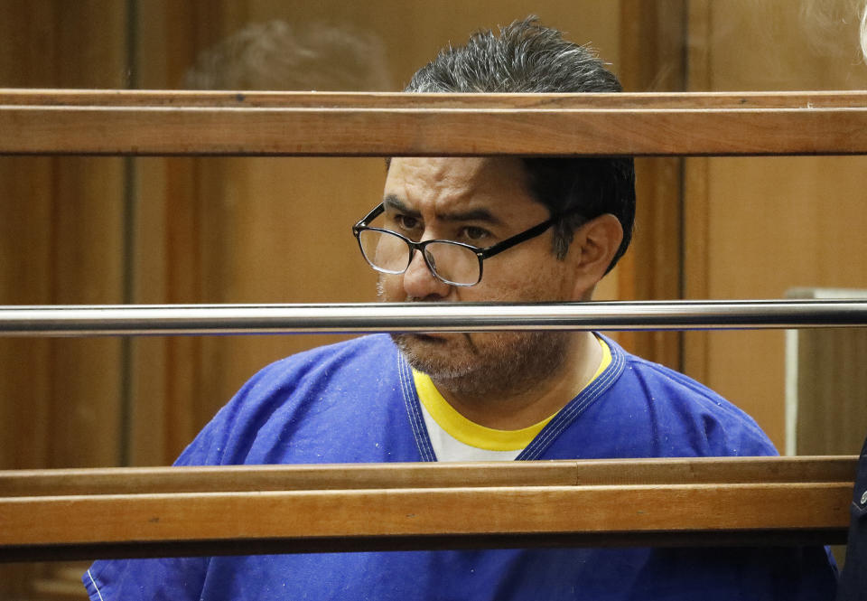 Naason Joaquin Garcia appears in court in Los Angels on Monday, June 10, 2019. Prosecutors in a case against the leader of Mexico-based megachurch La Luz del Mundo and two followers charged with child rape and human trafficking said they have "significant concerns" the church's followers could harass or intimidate victims and potential witnesses. (Al Seib/Los Angeles Times via AP, Pool)