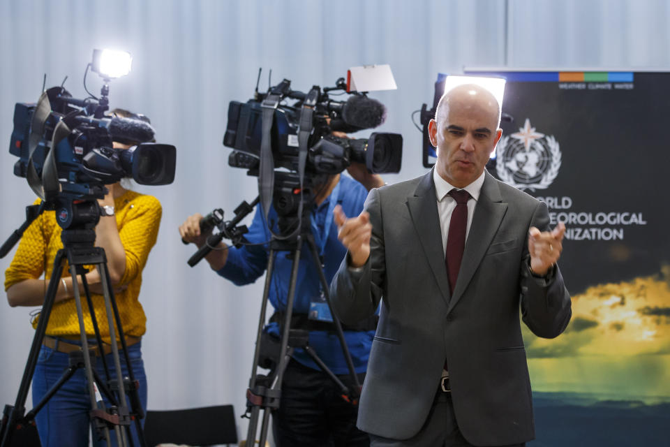 Swiss Interior Minister Alain Berset briefs the media prior the opening of High Mountain Summit, at the headquarters World Meteorological Organization (WMO) in Geneva, Switzerland, Tuesday, Oct. 29, 2019. (Salvatore Di Nolfi/Keystone via AP)