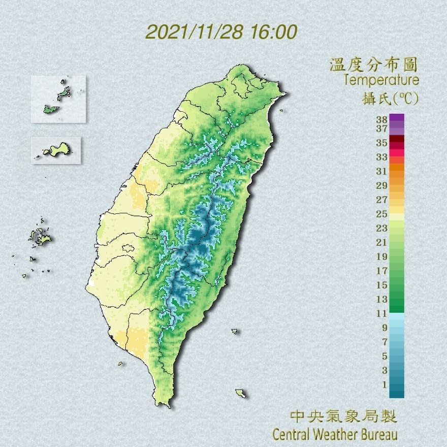 今日各地氣溫稍回升。（圖／翻攝自中央氣象局）