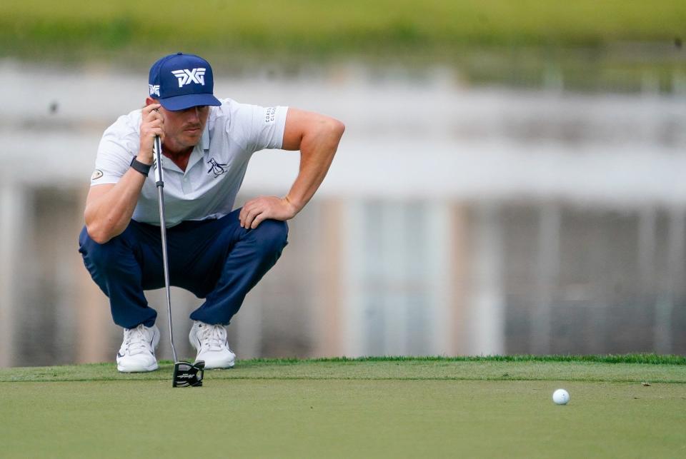 Jake Knapp lines up his birdie putt on the eighth hole during the opening round of The Cognizant Classic in The Palm Beaches at PGA National Resort & Spa on Thursday, February 29, 2024, in Palm Beach Gardens, FL.