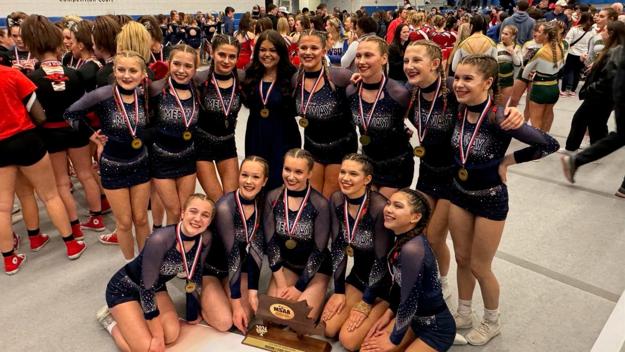The Medway High cheerleading team won its first state championship in 22 years and also won its first New England title a week later.
