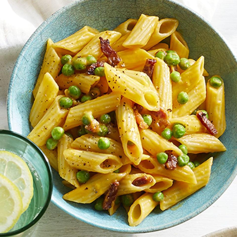 Spring Carrot Penne with Bacon and Peas