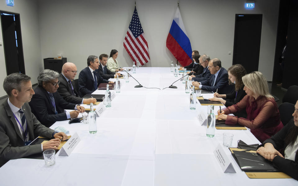 FILE - Secretary of State Antony Blinken, fourth left, meets with Russian Foreign Minister Sergey Lavrov, fourth right, at the Harpa Concert Hall in Reykjavik, Iceland, May 19, 2021, on the sidelines of the Arctic Council Ministerial summit. The Biden administration said Friday, Aug. 26, 2022, that it will upgrade its engagement with the Arctic Council and countries with an interest in a region that's rapidly changing due to climate change. (Saul Loeb/Pool Photo via AP, File)