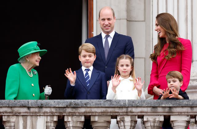 <p>Max Mumby/Indigo/Getty</p> Queen Elizabeth, Prince William, Kate Middleton, Prince George, Princess Charlotte and Prince Louis on the balcony of Buckingham Palace following the Platinum Pageant on June 5, 2022.