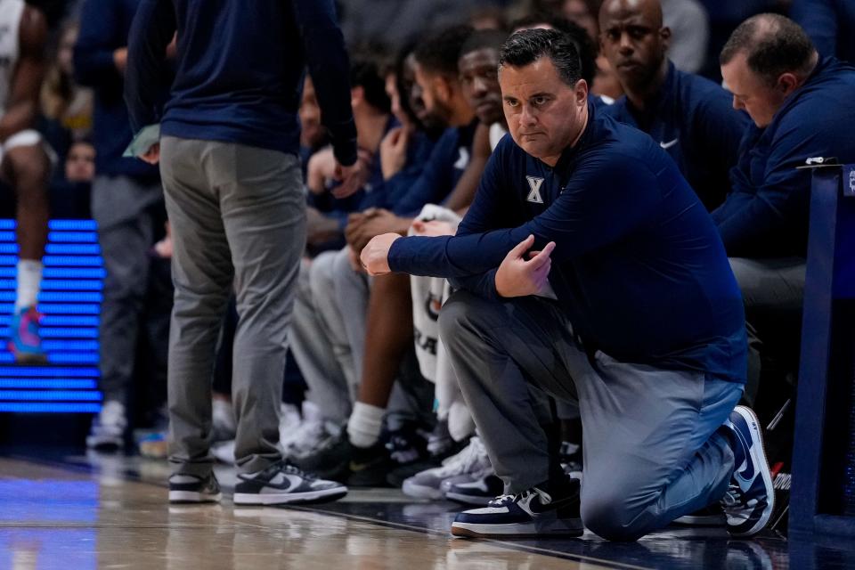 Xavier Musketeers head coach Sean Miller looks on to his offense in the first half of the NCAA Men’s basketball game between the Xavier Musketeers and the Robert Morris Colonials at the Cintas Center in Cincinnati on Monday, Nov. 6, 2023.
