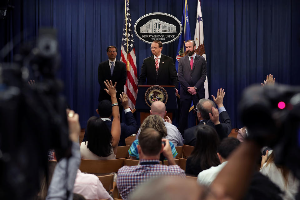 <span class="s1">Deputy Attorney General Rod Rosenstein, center, at the news conference Friday. (Photo: Chip Somodevilla/Getty Images)</span>