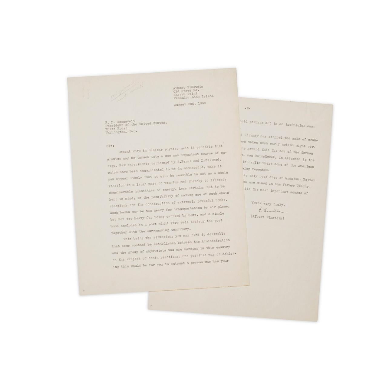 Einstein's 1939 letter to Roosevelt on a white background