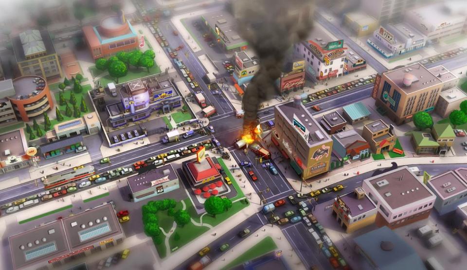 In this image provided by Electronic Arts/Maxis, a concept art image of an accident scene in an urban area is shown as concept art for the video game "SimCity." The creators of “SimCity” are hoping players don't move on after connectivity issues plagued the game's launch last week. The updated edition of the 24-year-old metropolis-building franchise released last Tuesday, March 5, 2013, requires players to be online _ even if they're constructing virtual cities in the single-player mode. Several gamers weren't able to log on after “SimCity” launched, prompting some retailers to stop selling the Electronic Arts Inc. game. (AP Photo/Electronic Arts/Maxis)