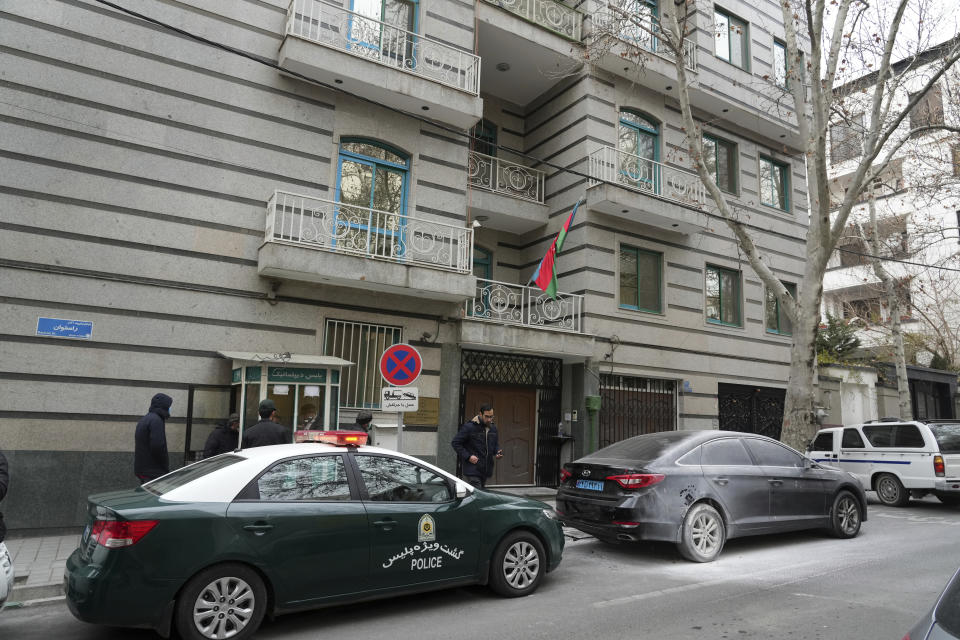 The building of the Azerbaijan Embassy is seen in Tehran, Iran, Friday, Jan. 27, 2023. A man armed with a Kalashnikov-style rifle stormed the Azerbaijan Embassy in Iran's capital Friday, killing the head of security at the diplomatic post and wounding two guards, authorities said. (AP Photo/Vahid Salemi)