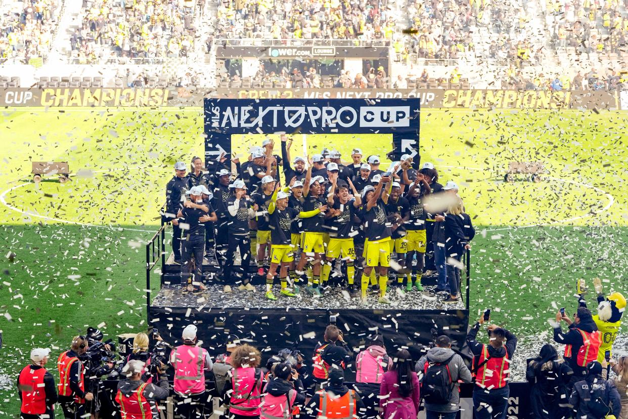 Confetti rains down as Crew 2 receive their trophy following a win over St. Louis CITY2 in the MLS NEXT Pro Cup Championship at Lower.com Field on Oct. 8, 2022.