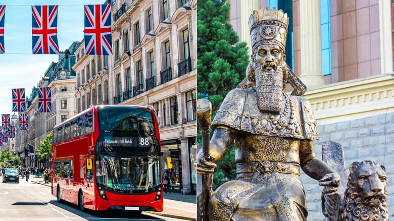 London bus, Persian emperor statue