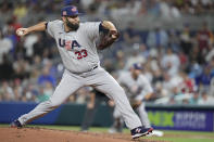 United States' Lance Lynn delivers a pitch during the first inning of a World Baseball Classic game against Venezuela, Saturday, March 18, 2023, in Miami. (AP Photo/Wilfredo Lee)