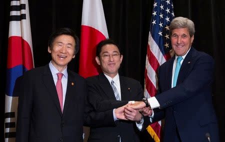 Minister of Foreign Affairs Yun Byung-se of South Korea (L), Minister of Foreign Affairs Fumio Kishida of Japan, and U.S. Secretary of State John Kerry (R) join hands during a meeting between the three leaders in New York, U.S. September 18, 2016. REUTERS/Kevin Hagen/POOL