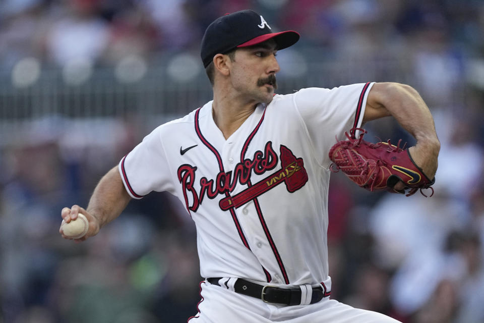 Atlanta Braves starting pitcher Spencer Strider works in the first inning of the team's baseball game against the Cincinnati Reds on Wednesday, April 12, 2023, in Atlanta. (AP Photo/John Bazemore)